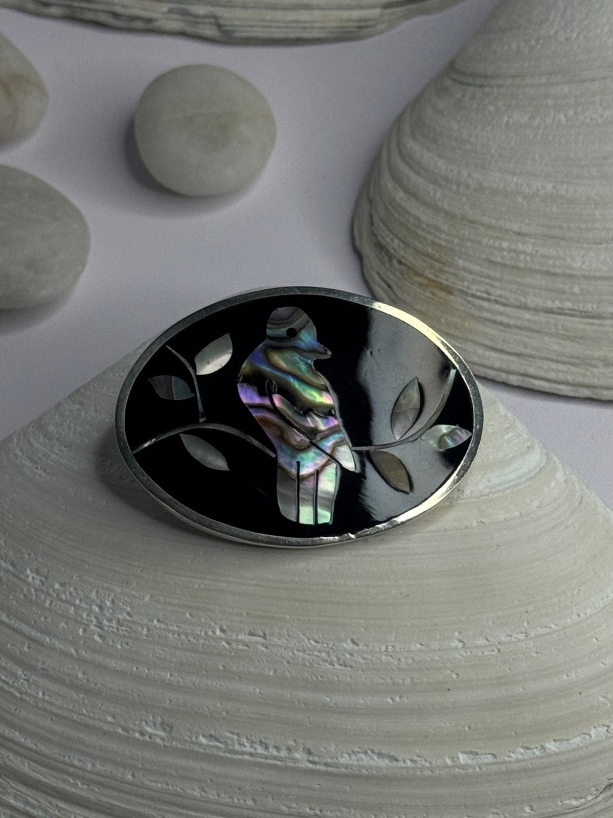 Vintage 925 Sterling Silver Abalone Bird Brooch Length 1.10 Inch