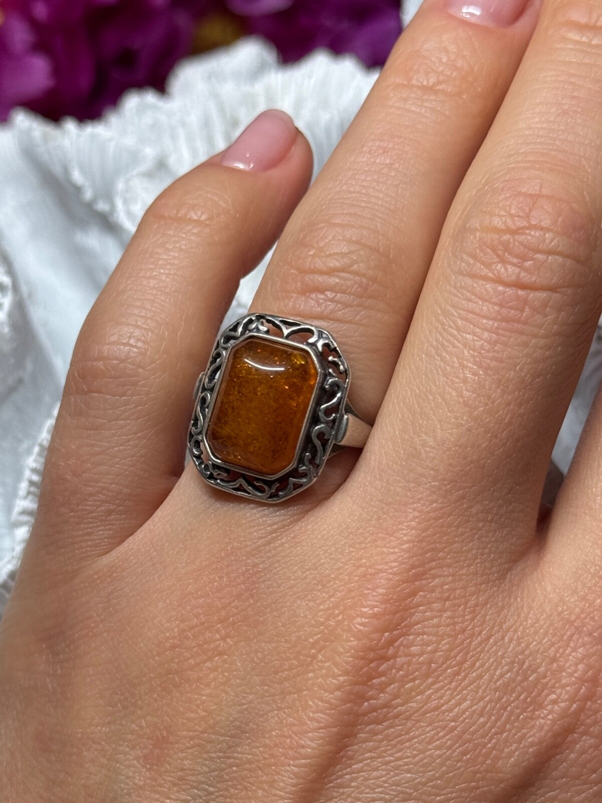 925 Sterling Silver Amber Ring Size 5