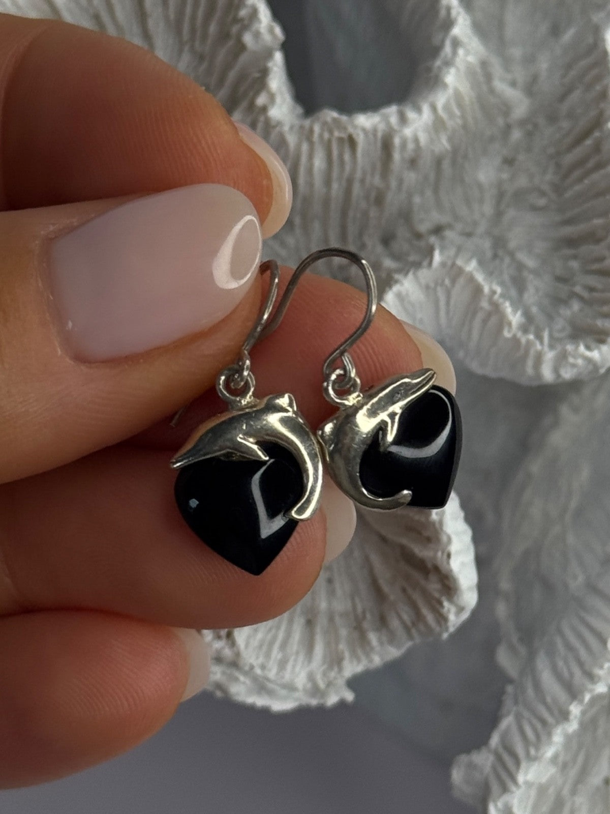 925 Sterling Silver Onyx Heart Dolphin Earrings Length 0.90 Inch