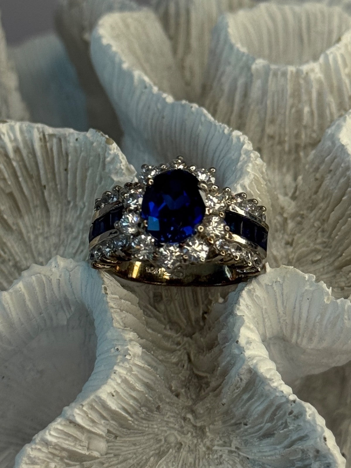 925 Sterling Silver Sapphire & Beryl Flower Ring Size 7.5