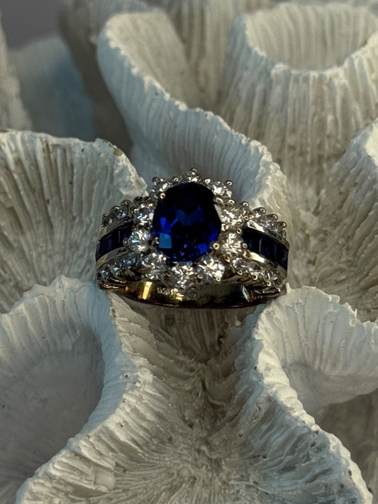 925 Sterling Silver Sapphire & Beryl Flower Ring Size 7.5