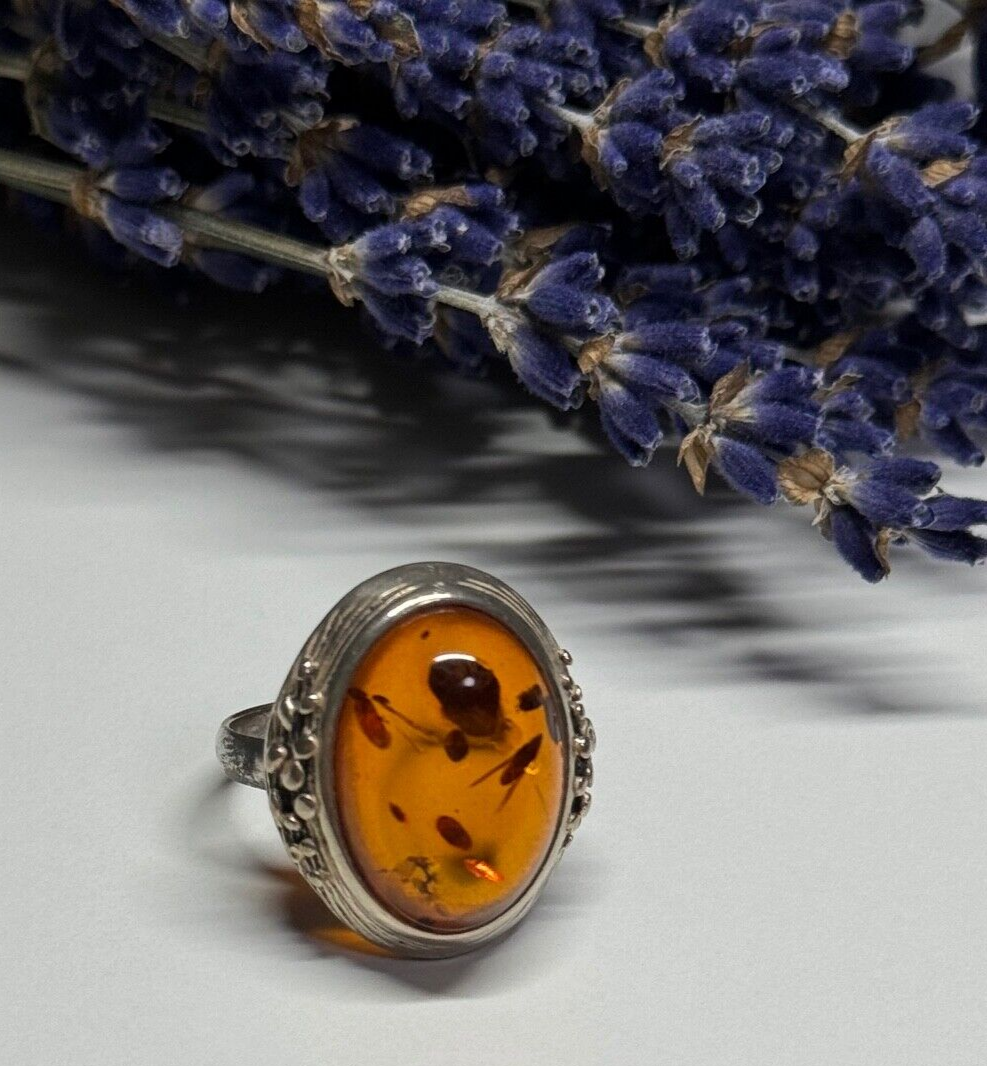 925 Sterling Silver Amber Ring Size 6