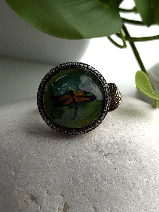 Vintage Nature Art 925 Sterling Silver Dragonfly Resin Ring Size 6.5