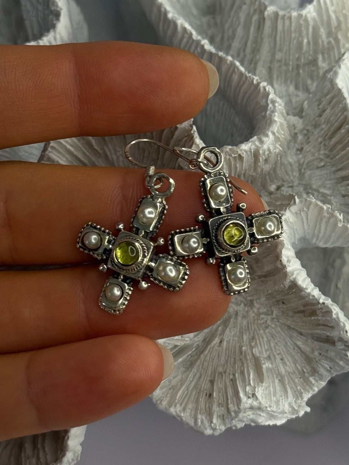 925 Sterling Silver Green Amber & Pearl Cross Earrings Length 1.50 Inch