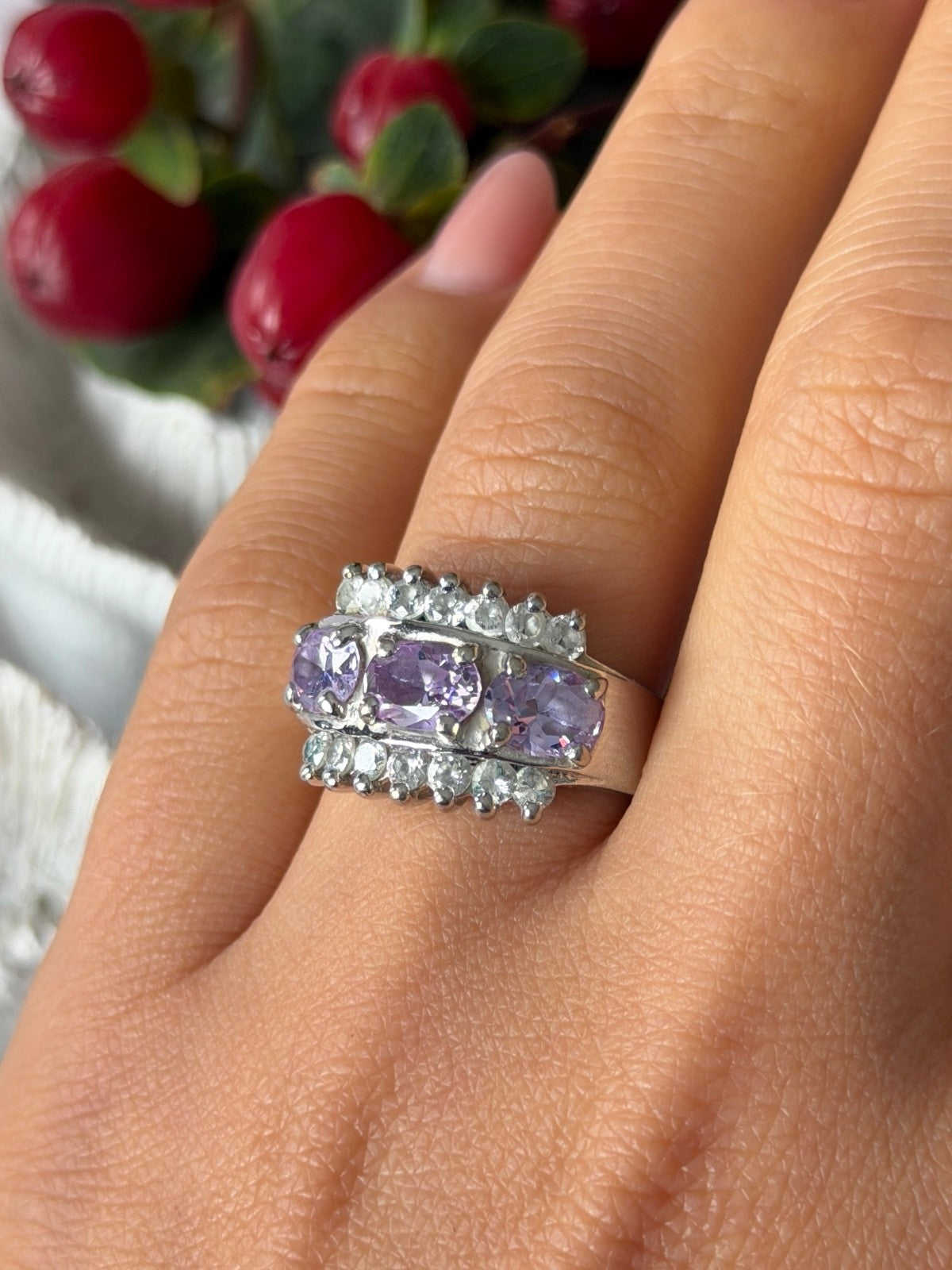 925 Sterling Silver Amethyst & Beryl Ring Size 7