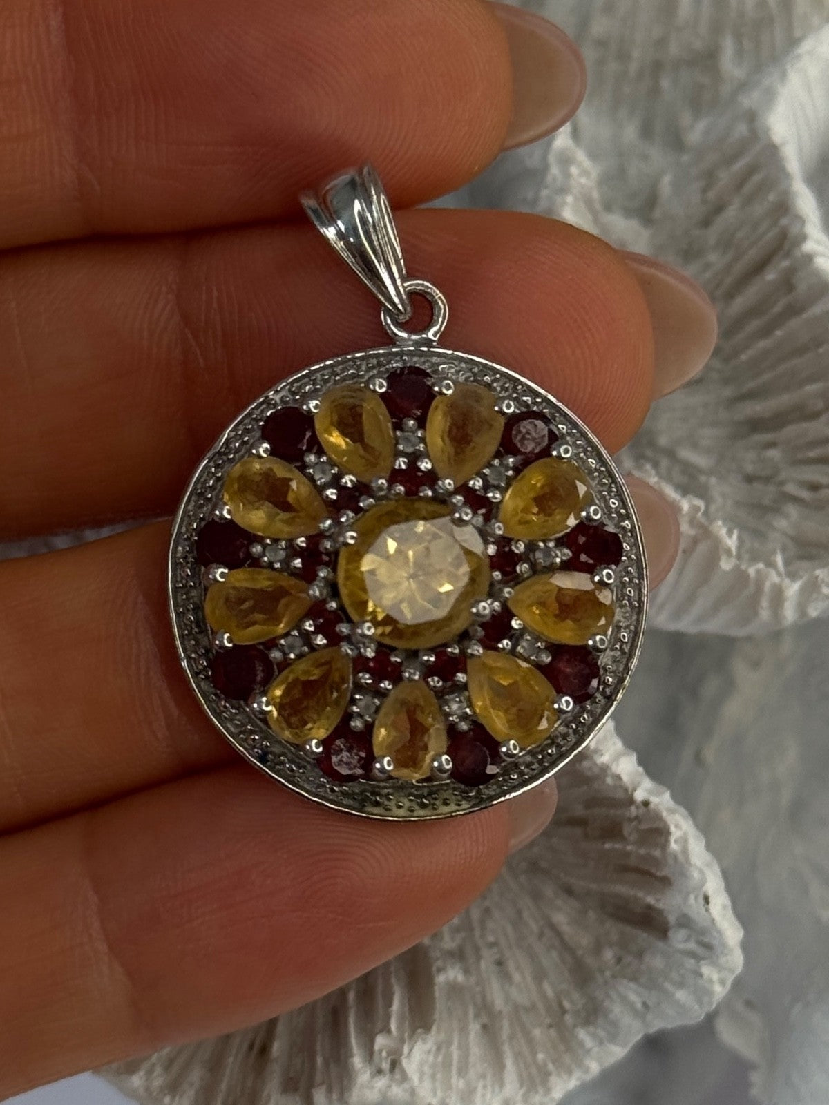 925 Sterling Silver Citrine Garnet Diamond Pendant Length 1.50 Inch