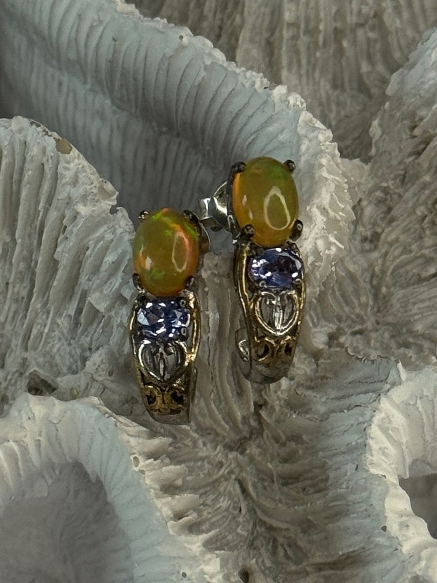 925 Sterling Silver Yellow Opal & Tanzanite Earrings Length 0.70 Inch