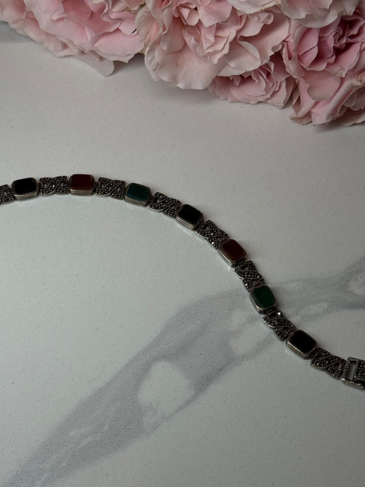925 Sterling Silver Nephrite & Marcasite Bracelet Length 7.5 Inch