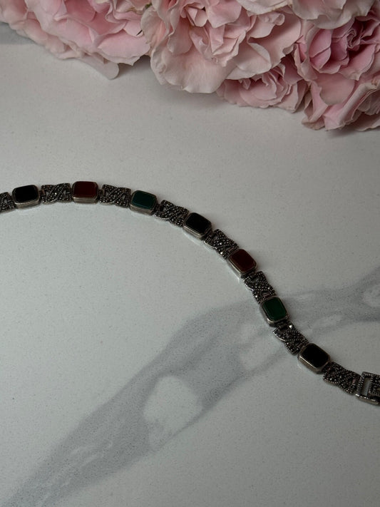 925 Sterling Silver Nephrite & Marcasite Bracelet Length 7.5 Inch