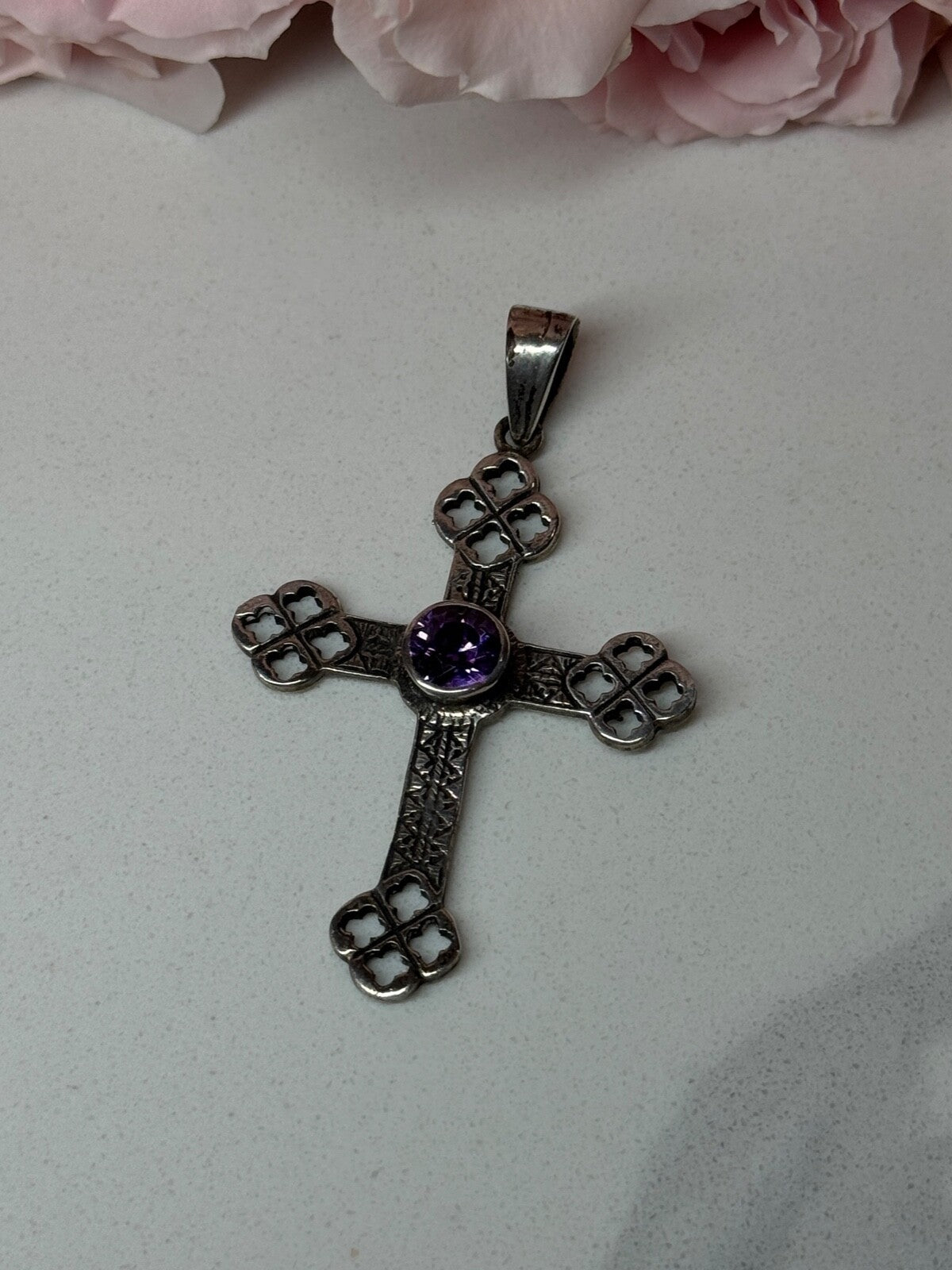 925 Sterling Silver Amethyst Cross Length 2.2 In