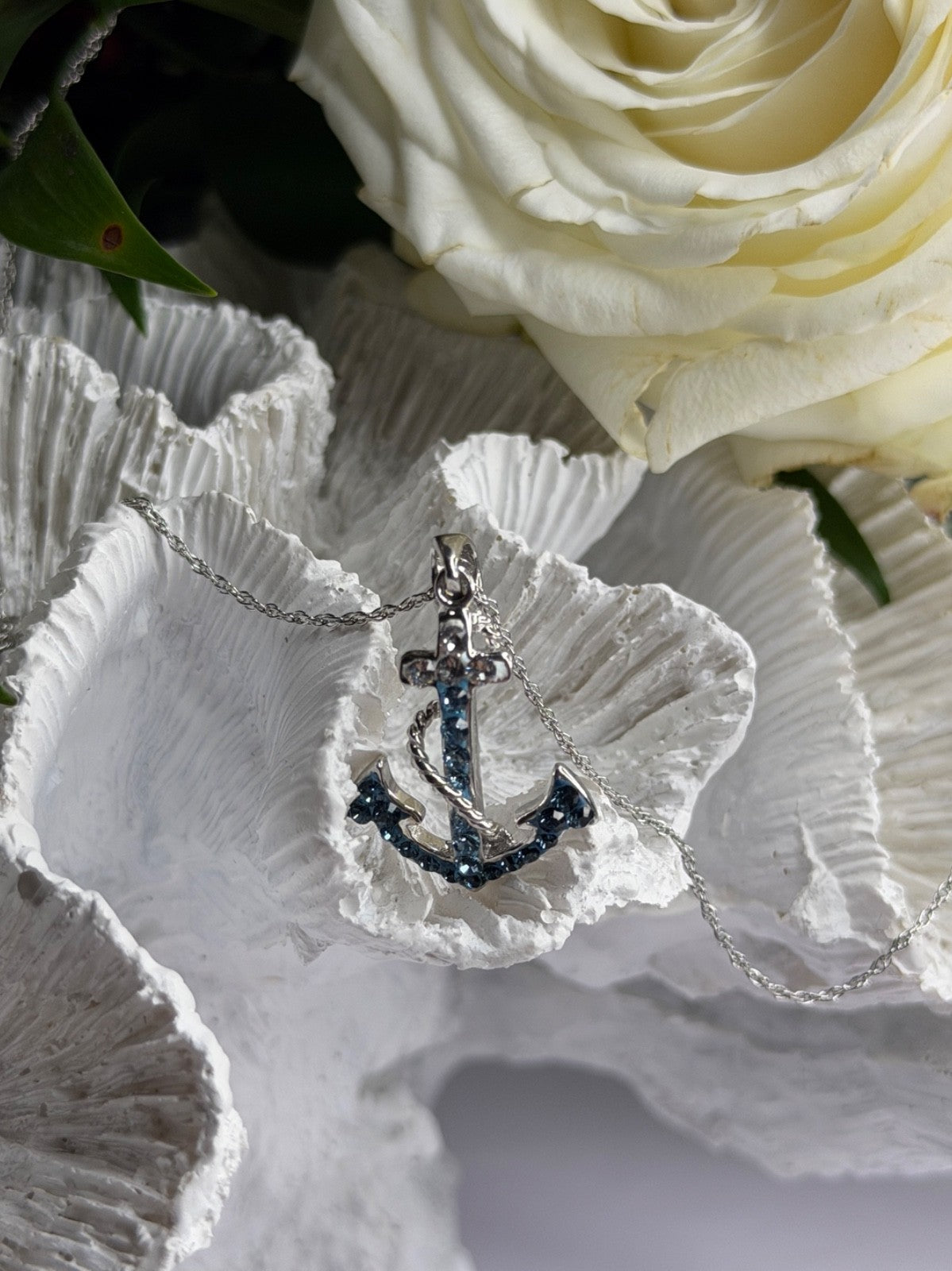 925 Sterling Silver Anchor Cz Necklace Length 19 in