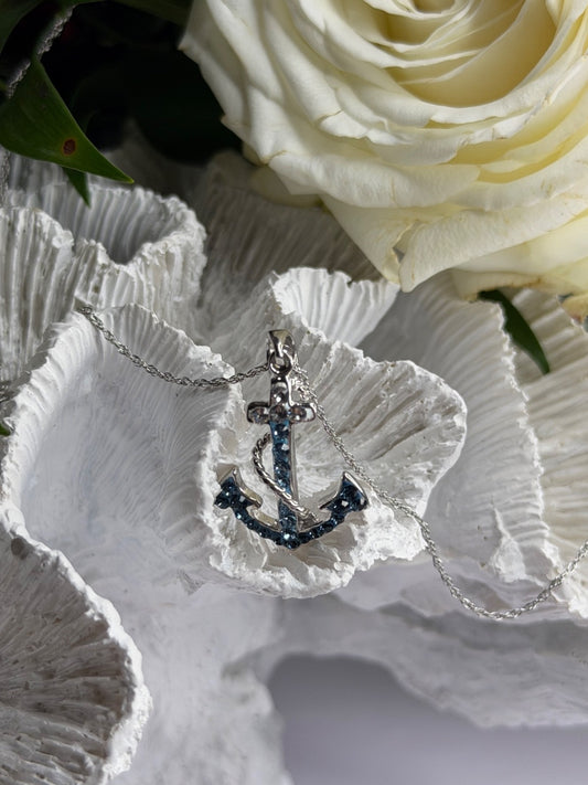 925 Sterling Silver Anchor Cz Necklace Length 19 in
