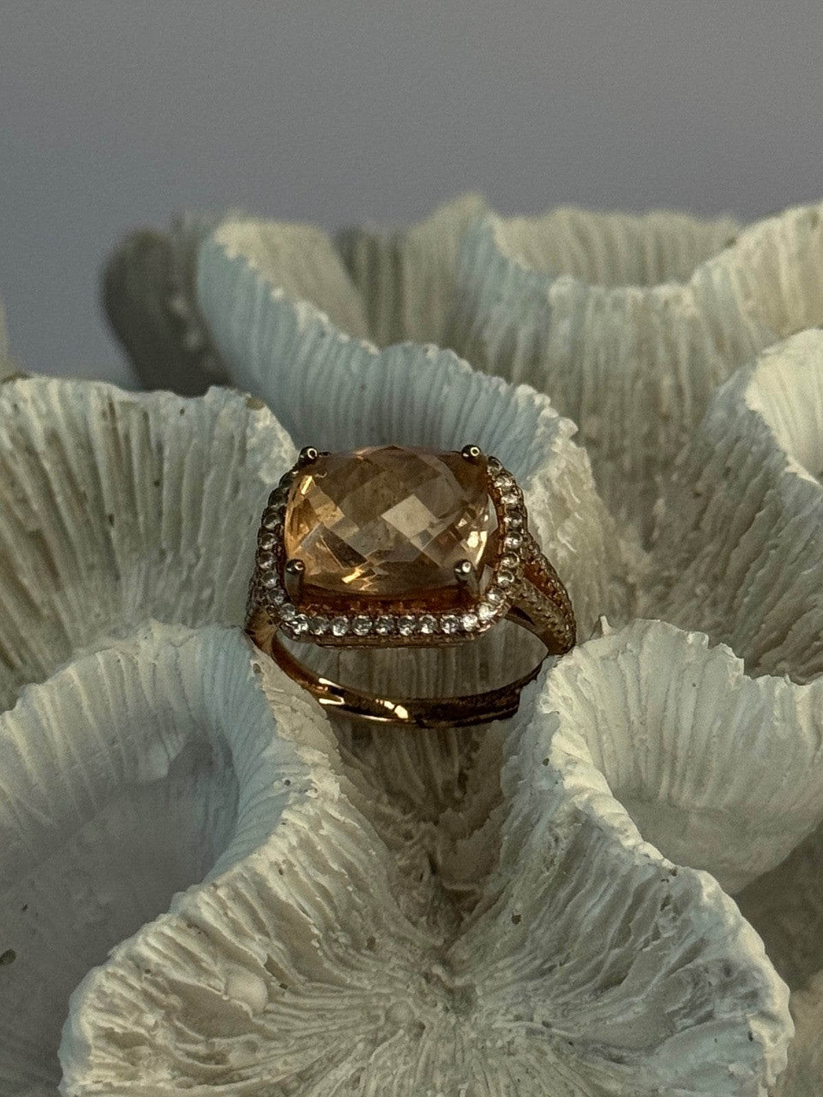925 Sterling Silver Peach Tourmaline & CZ Ring Size 7