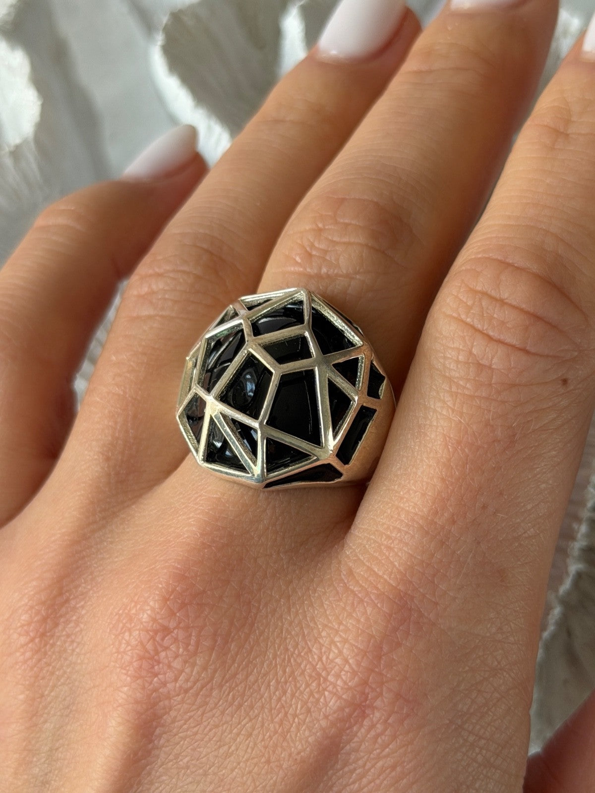 ARD Modernist 925 Sterling Silver Geometric Black Onyx Ring Size 8