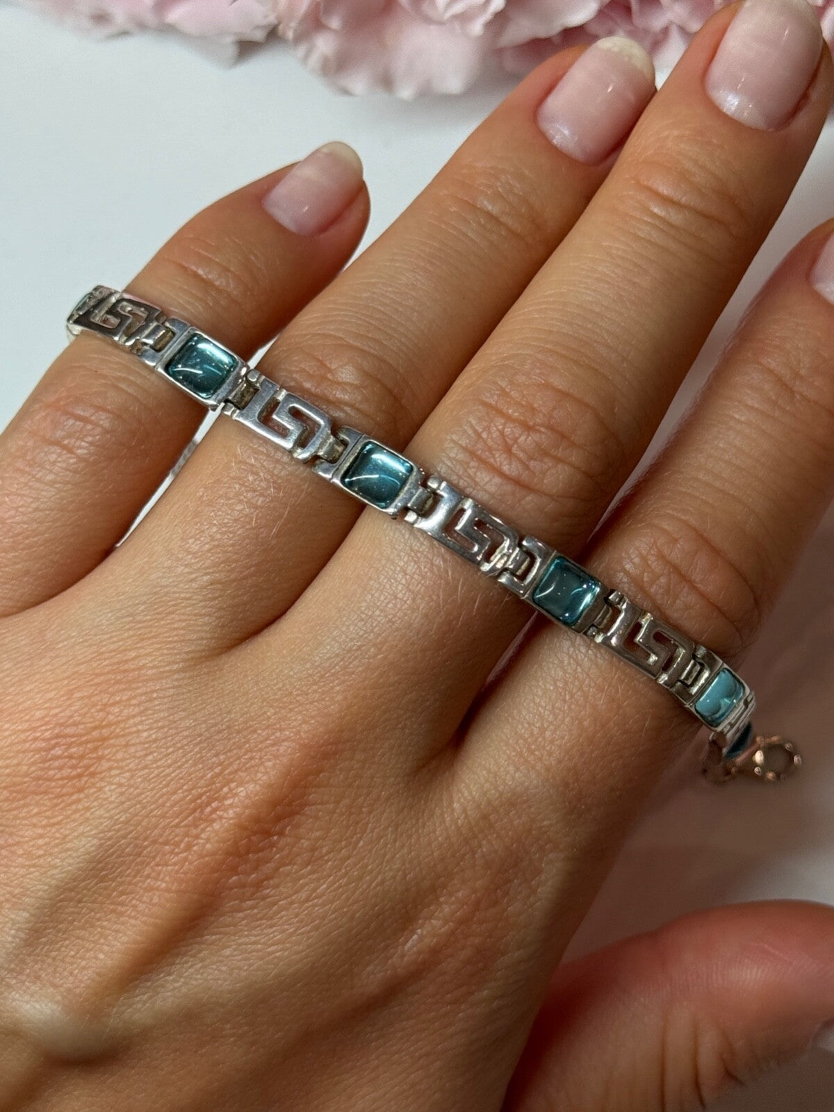 925 Sterling Silver Bracelet Aquamarine Length 7.5 in
