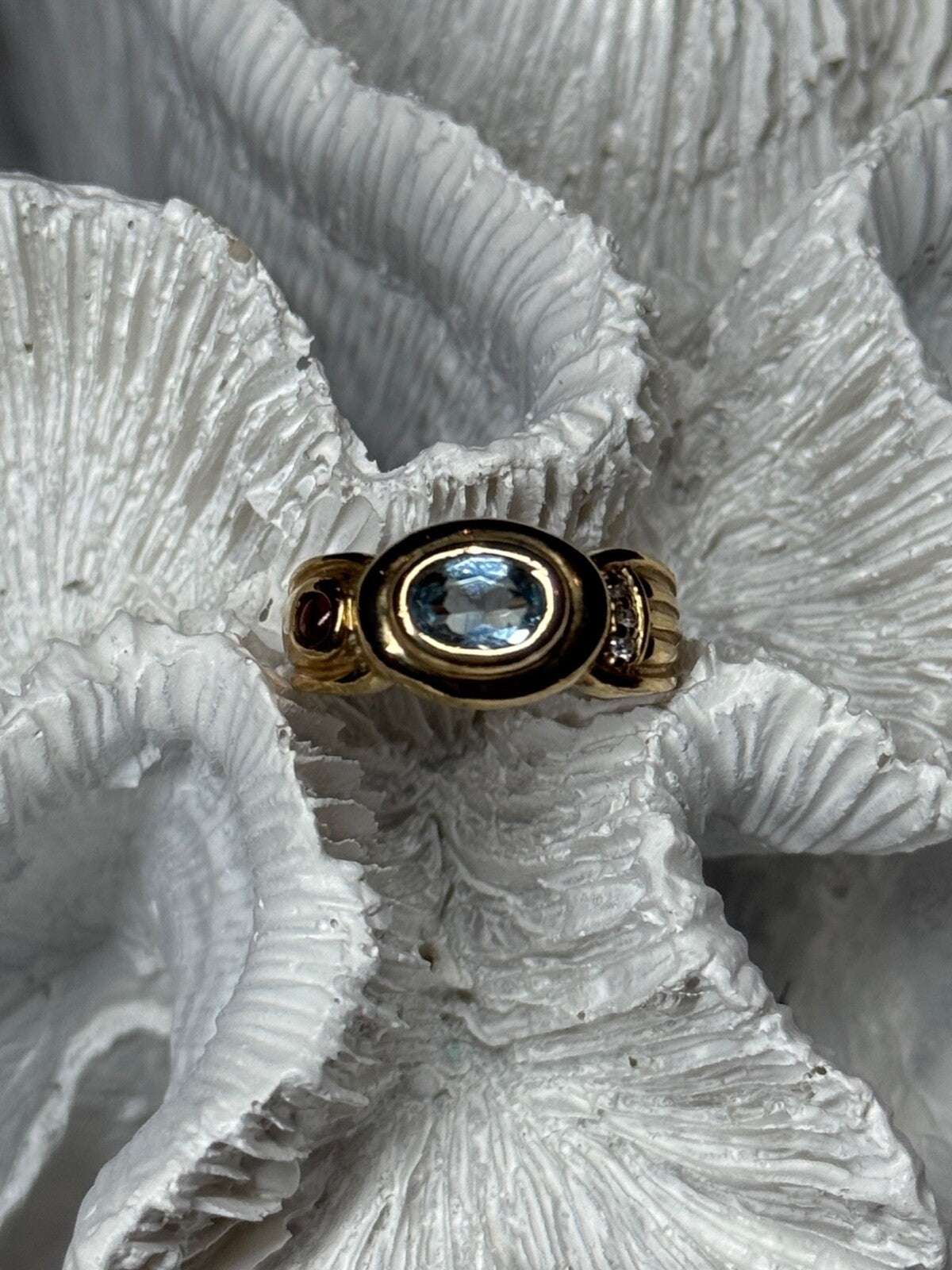 925 Sterling Silver Gold Plated Aquamarine, Garnet & CZ Ring Size 4