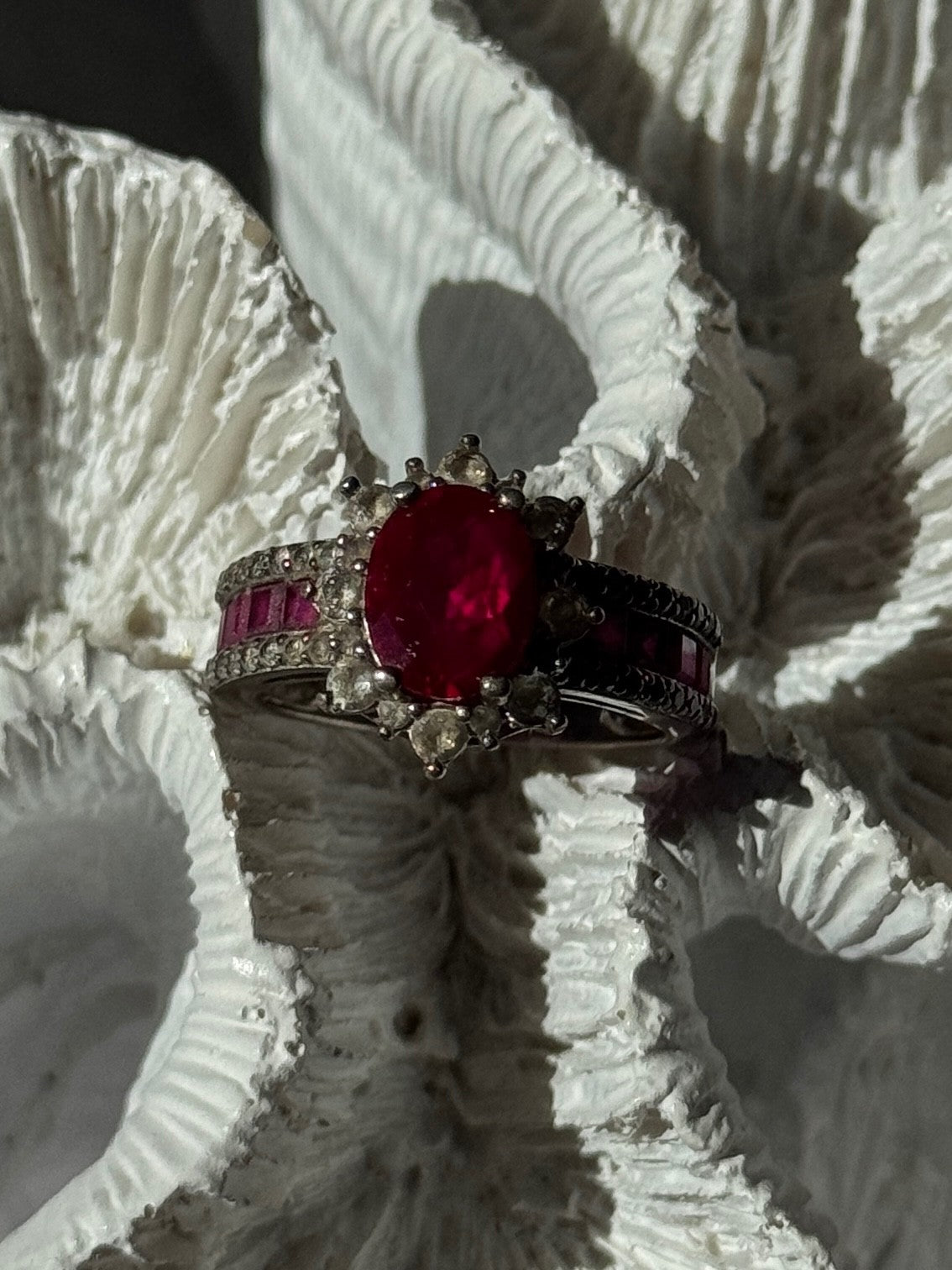 925 Sterling Silver Ruby & Beryl Flower Ring Size 7