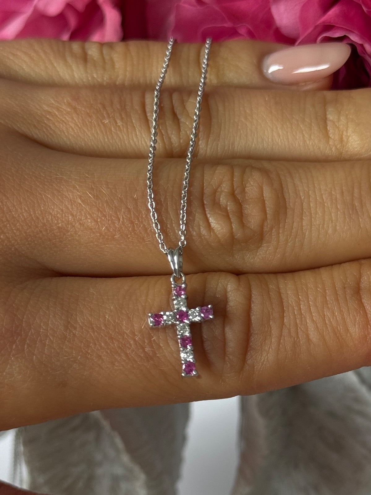 14K White Gold Cross/18K White Gold Chain Pink Sapphire & Diamond Cross Necklace