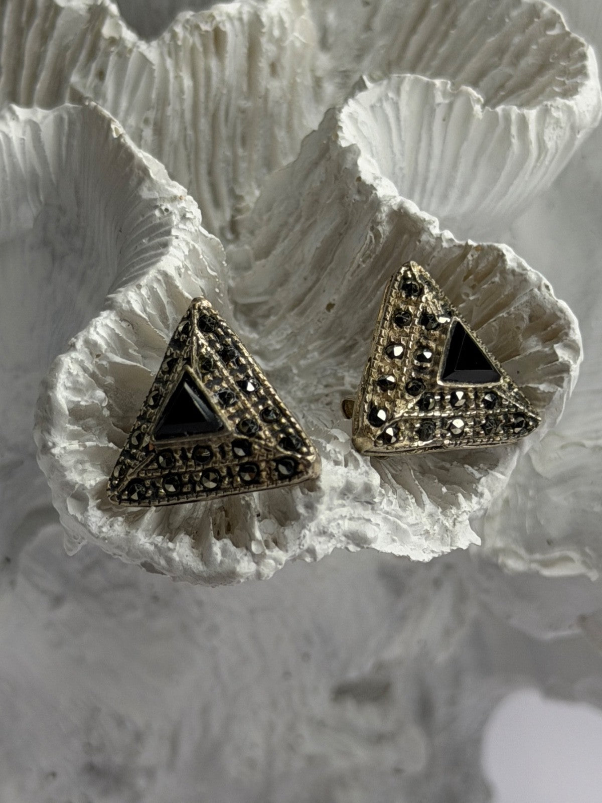Vintage 925 Sterling Silver Onyx & Marcasite Earrings
