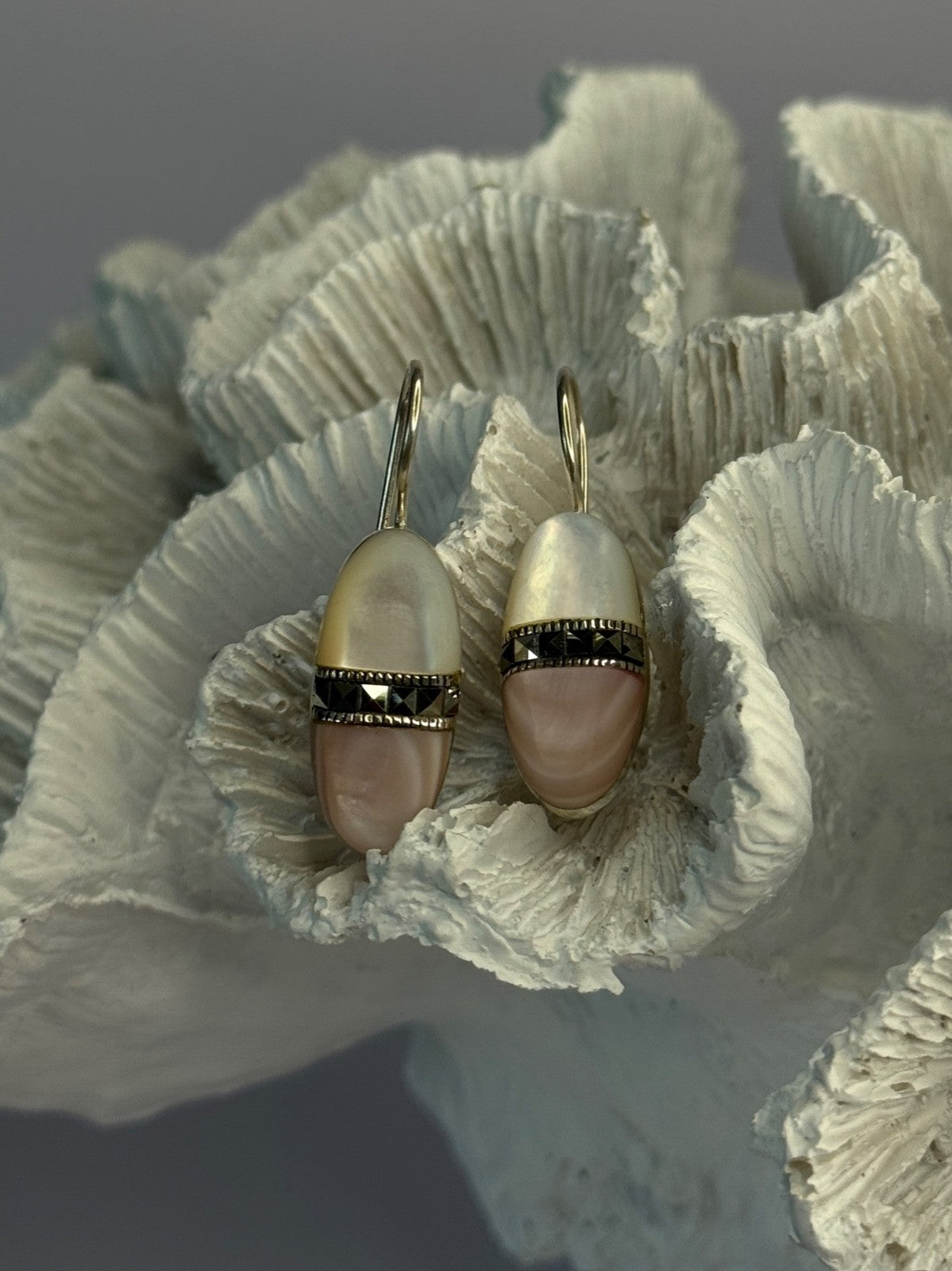 925 Sterling Silver Abalone & Marcasite Earrings Length 1.25 Inch