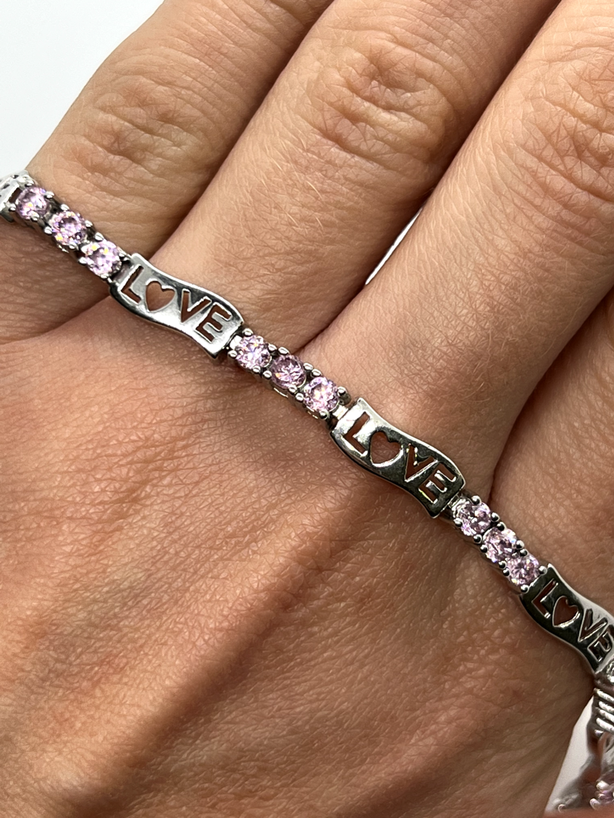 925 Sterling Silver Pink CZ "Love" Bracelet