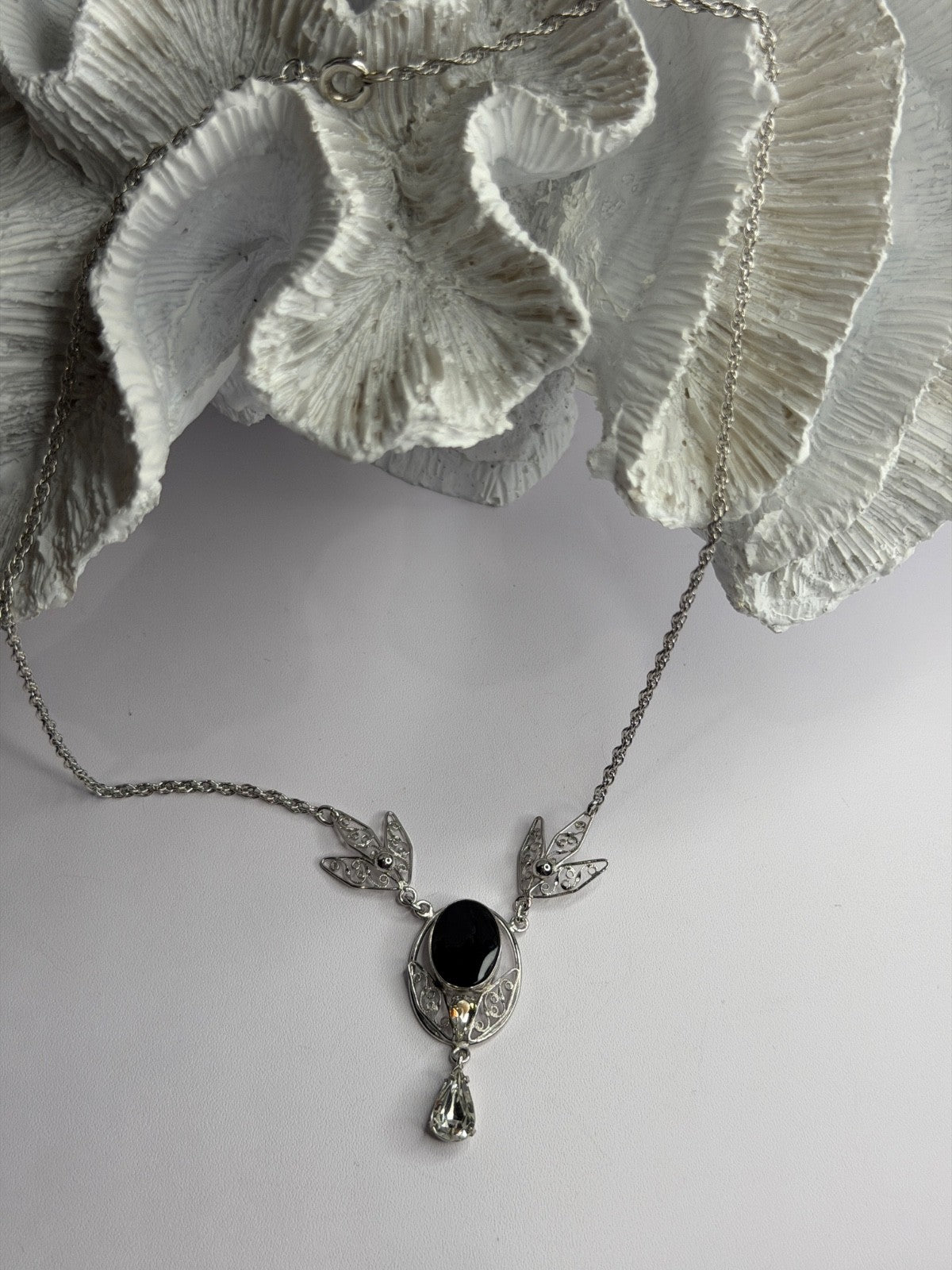 Elegant 925 Sterling Silver Onyx & White Sapphire Necklace