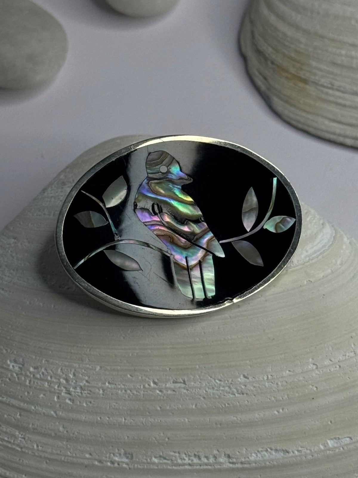 Vintage 925 Sterling Silver Abalone Bird Brooch Length 1.10 Inch