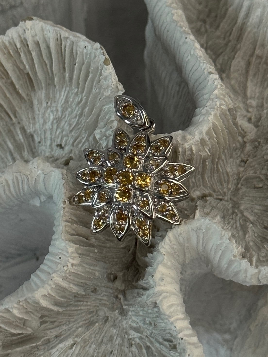 925 Sterling Silver Citrine Flower Pendant Length 1.15 Inch