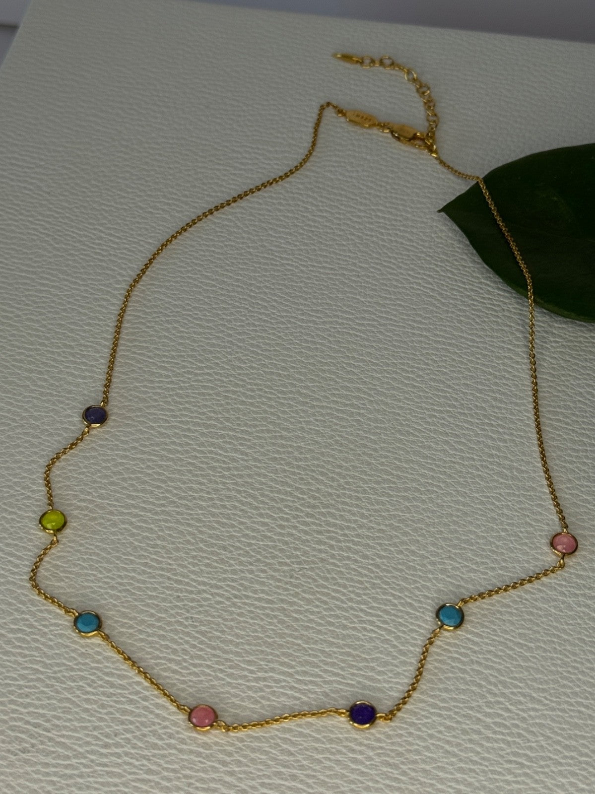 925 Sterling Silver Gold Plated Gemstones Necklace Length 15/16.5 Inch
