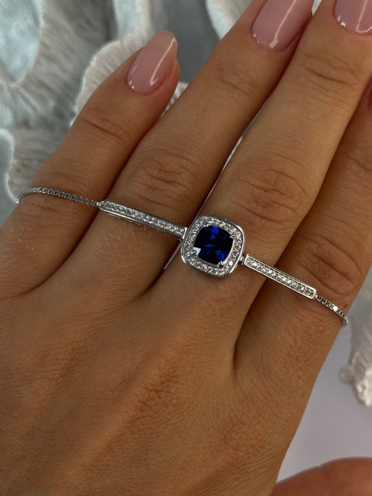 925 Sterling Silver Sapphire & Cz Bracelet Sizable