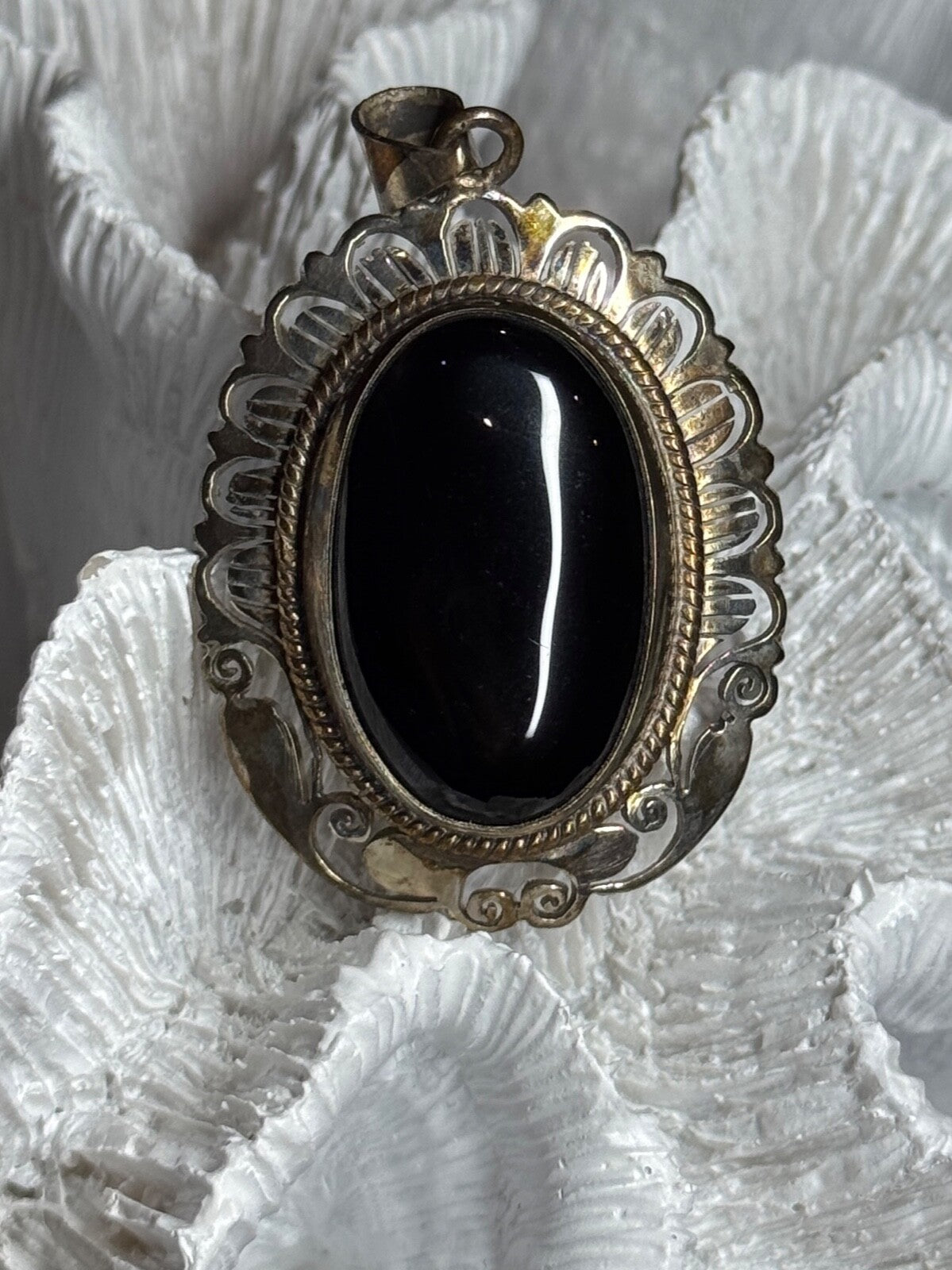 Vintage 925 Sterling Silver Black Onyx Pendant Length 2 Inch