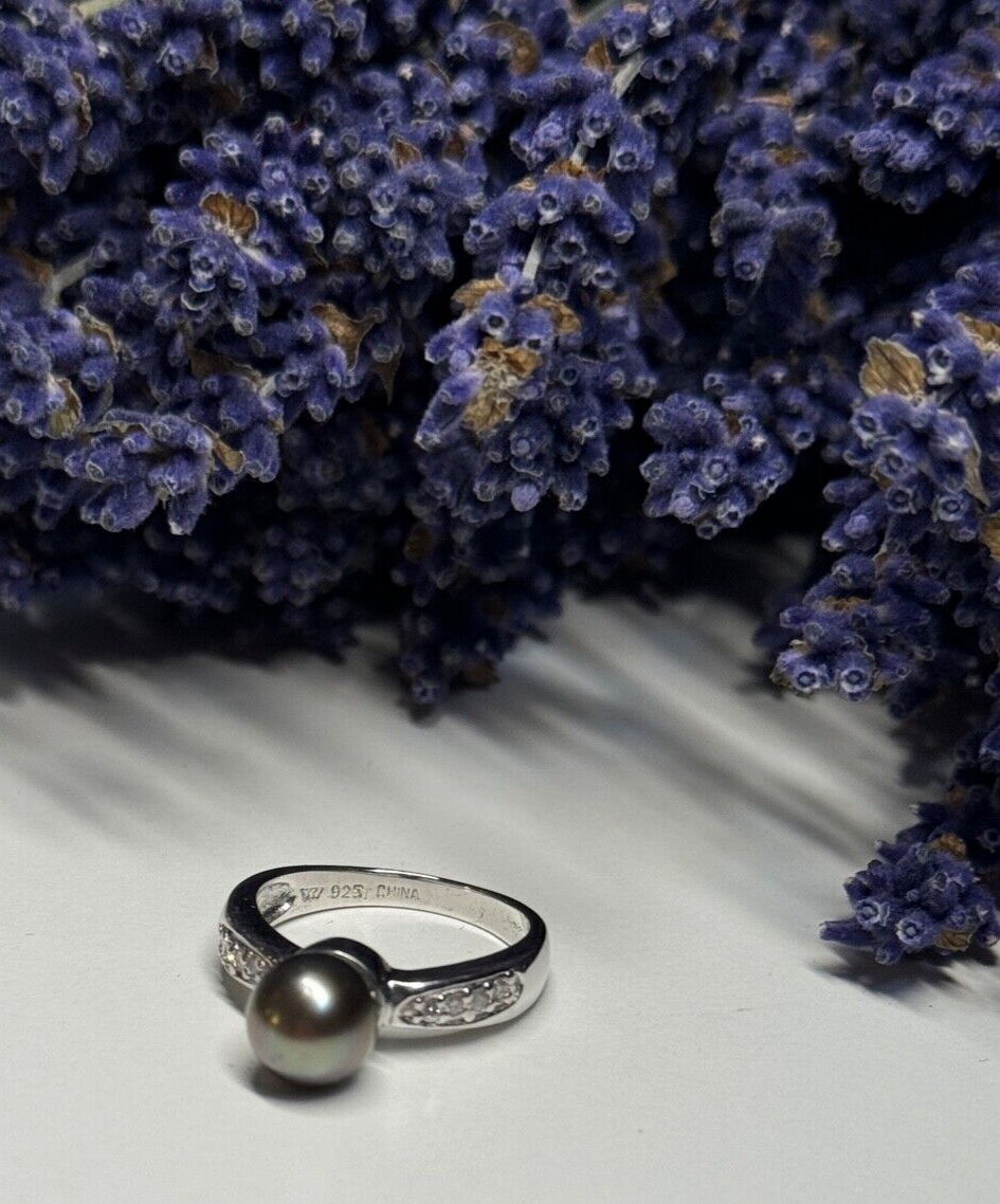 925 Sterling Silver Pearl & Beryl Ring Size 5.5
