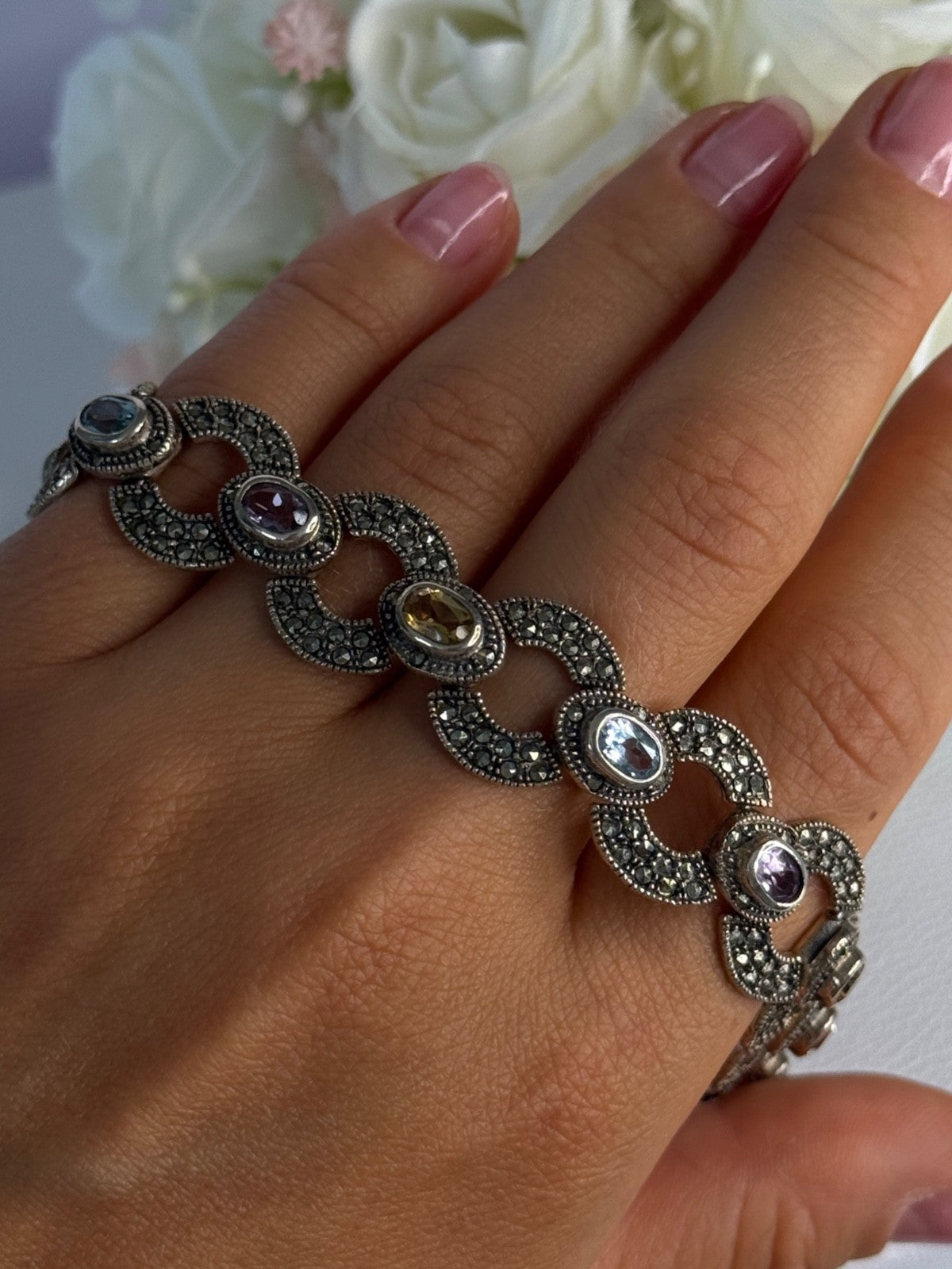 925 Sterling Silver Amethyst Citrine Topaz Marcasite Bracelet Length 7.5 Inch