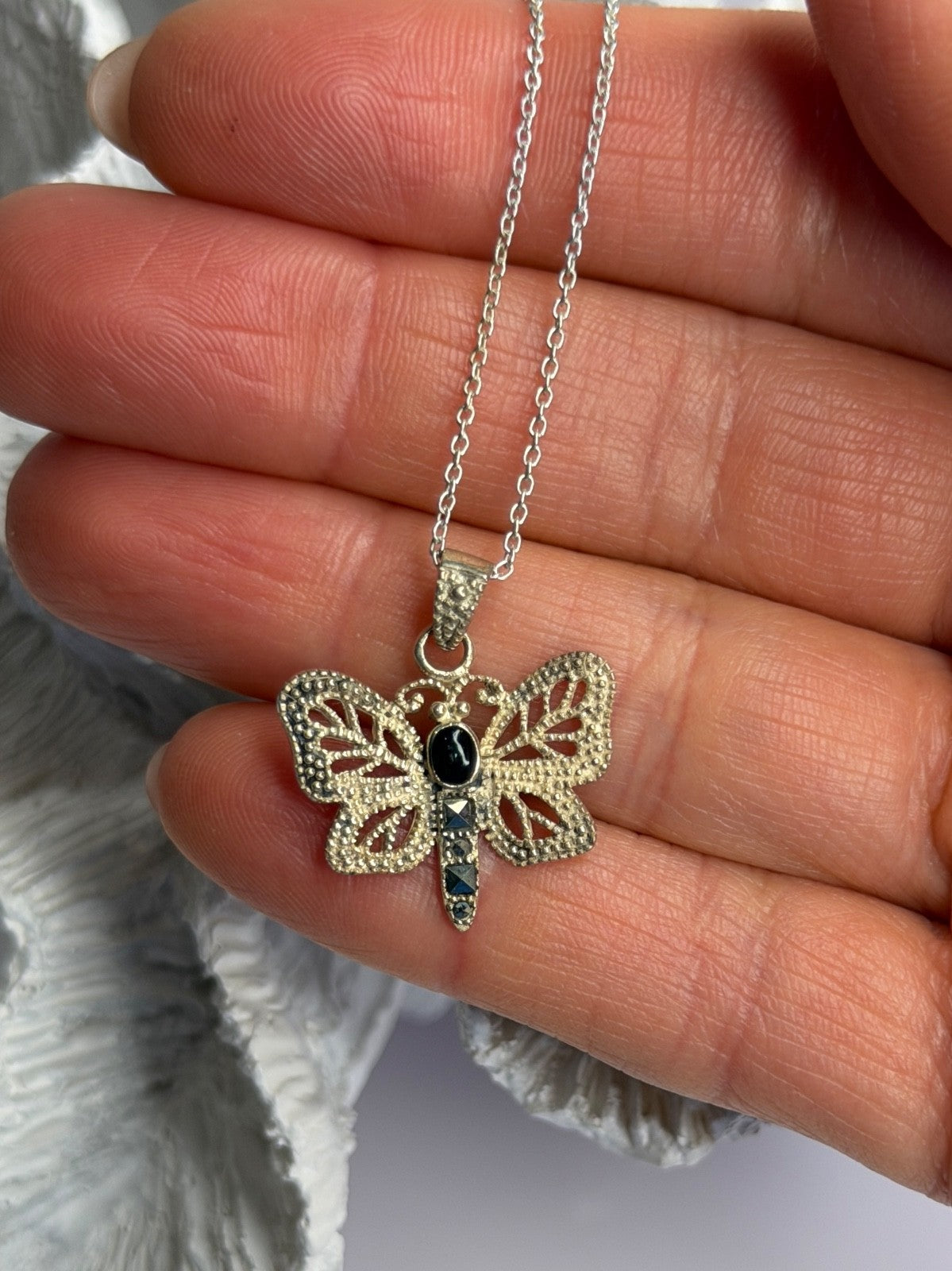 925 Sterling Silver Onyx & Marcasite Butterfly Necklace