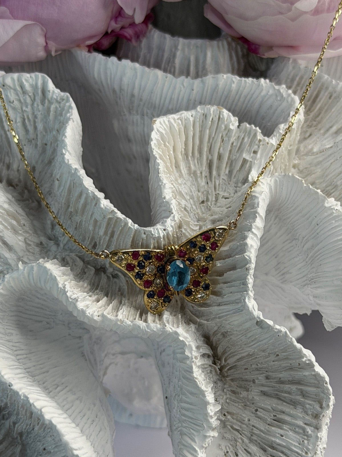 14K Yellow Gold Topaz Ruby Sapphire Diamond Necklace Butterfly