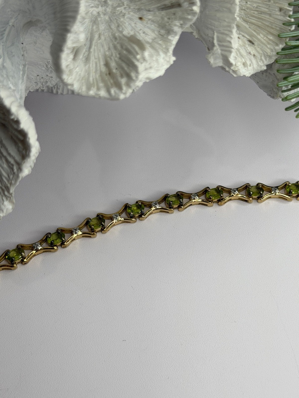 925 Sterling Silver Gold Plated Peridot & Beryl Bracelet Size 7.5