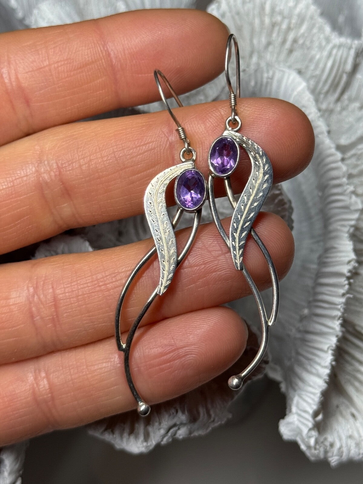 925 Sterling Silver Amethyst Earrings Length 2.6 Inch