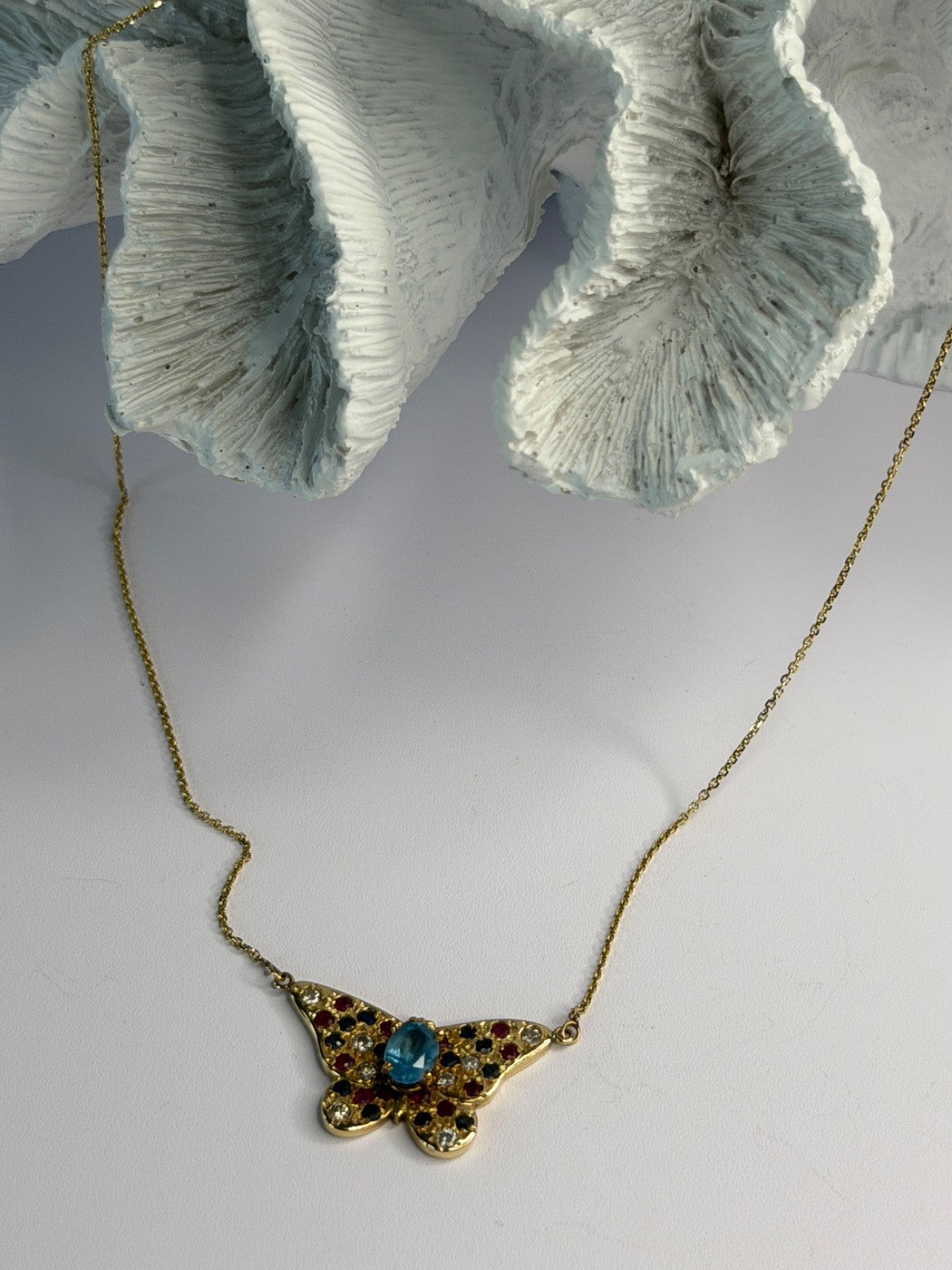 14K Yellow Gold Topaz Ruby Sapphire Diamond Necklace Butterfly