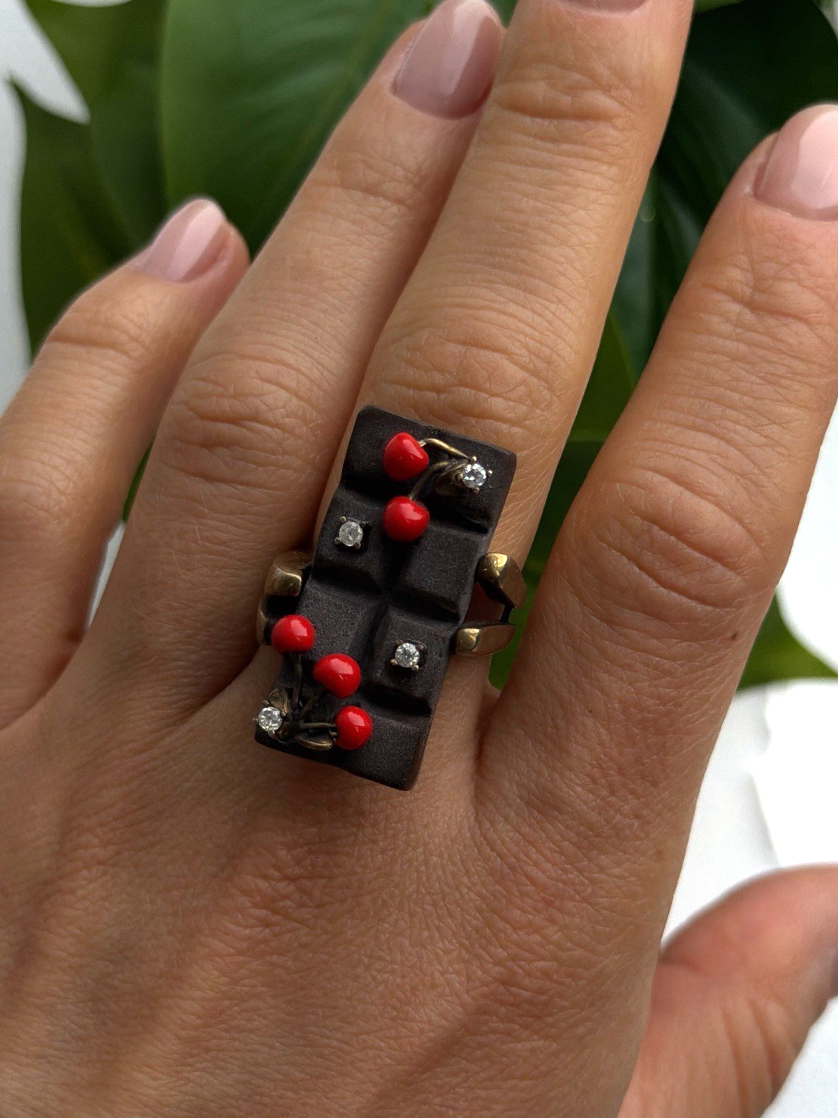 By Philippe Black Enamel & Red Bead Cherry 925 Sterling Silver Ring Size 8