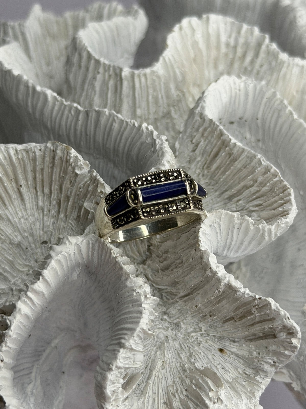 925 Sterling Silver Sodalite & Marcasite Ring Size 9