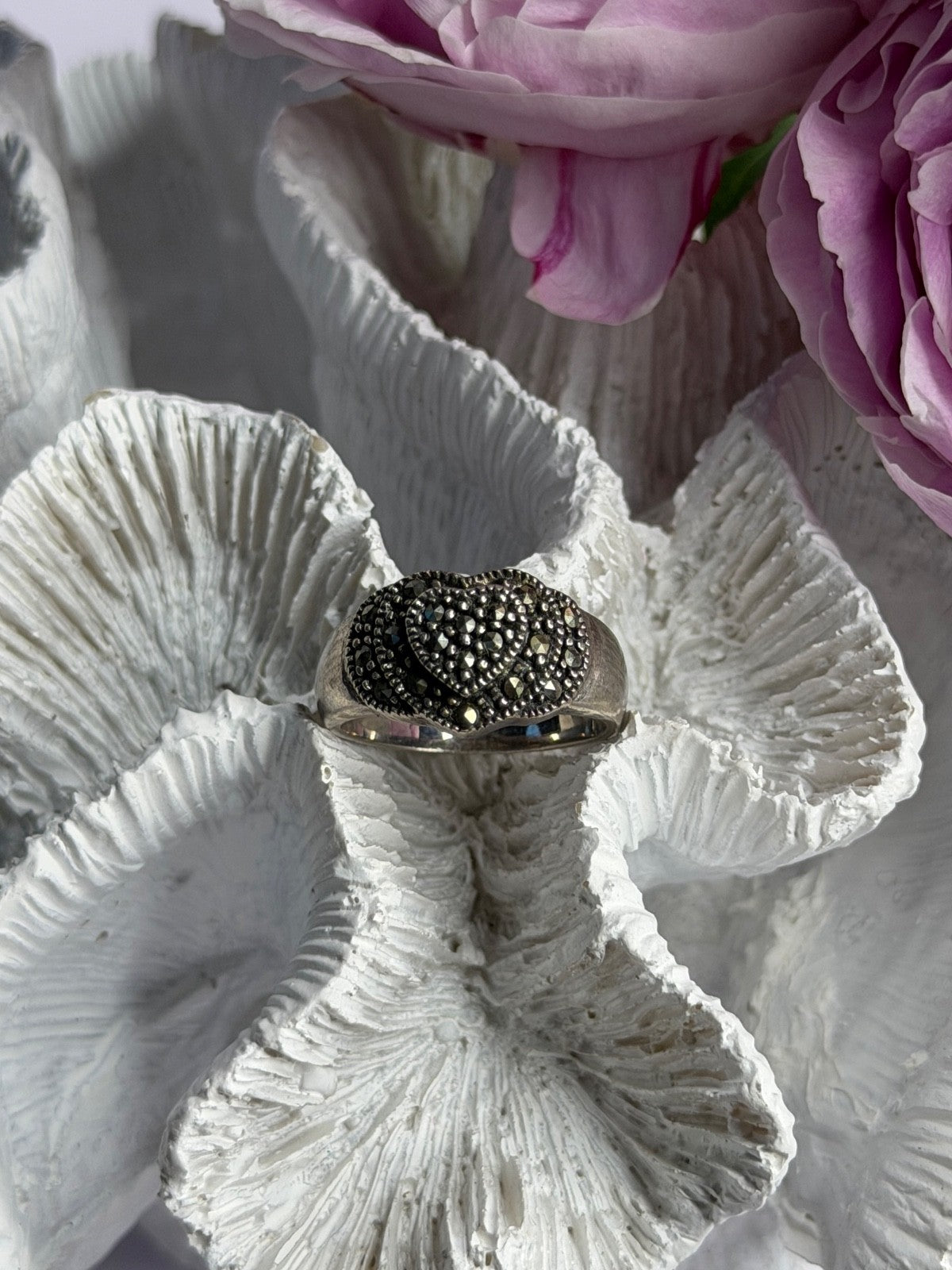 Vintage 925 Sterling Silver Marcasite Heart Ring Size 8