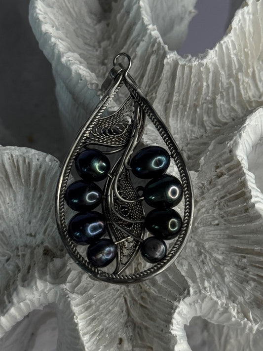 925 Sterling Silver Black Pearls Pendant Length 2.1 Inch