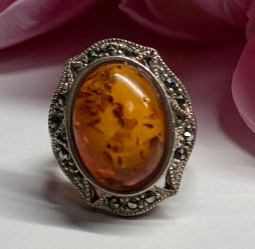 925 Sterling Silver Amber & Marcasite Ring Size 5