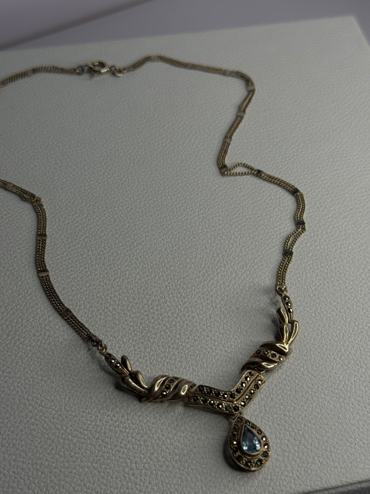 Elegant 925 Sterling Silver Blue Topaz & Marcasite Necklace