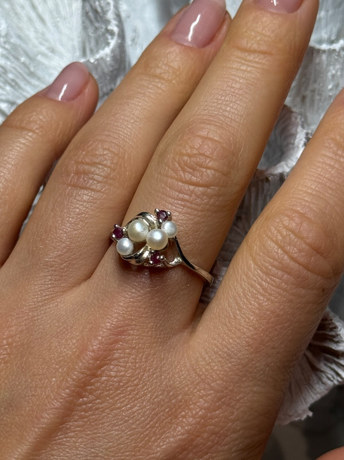 925 Sterling Silver Pearls & Ruby Ring Size 8
