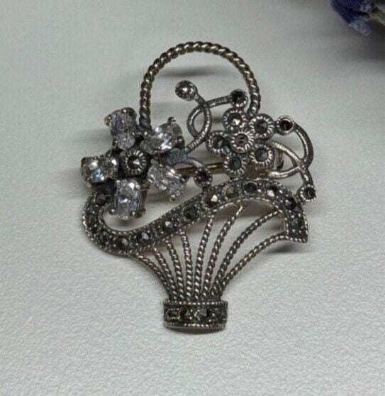 925 Sterling Silver CZ & Marcasites Flowers Brooch