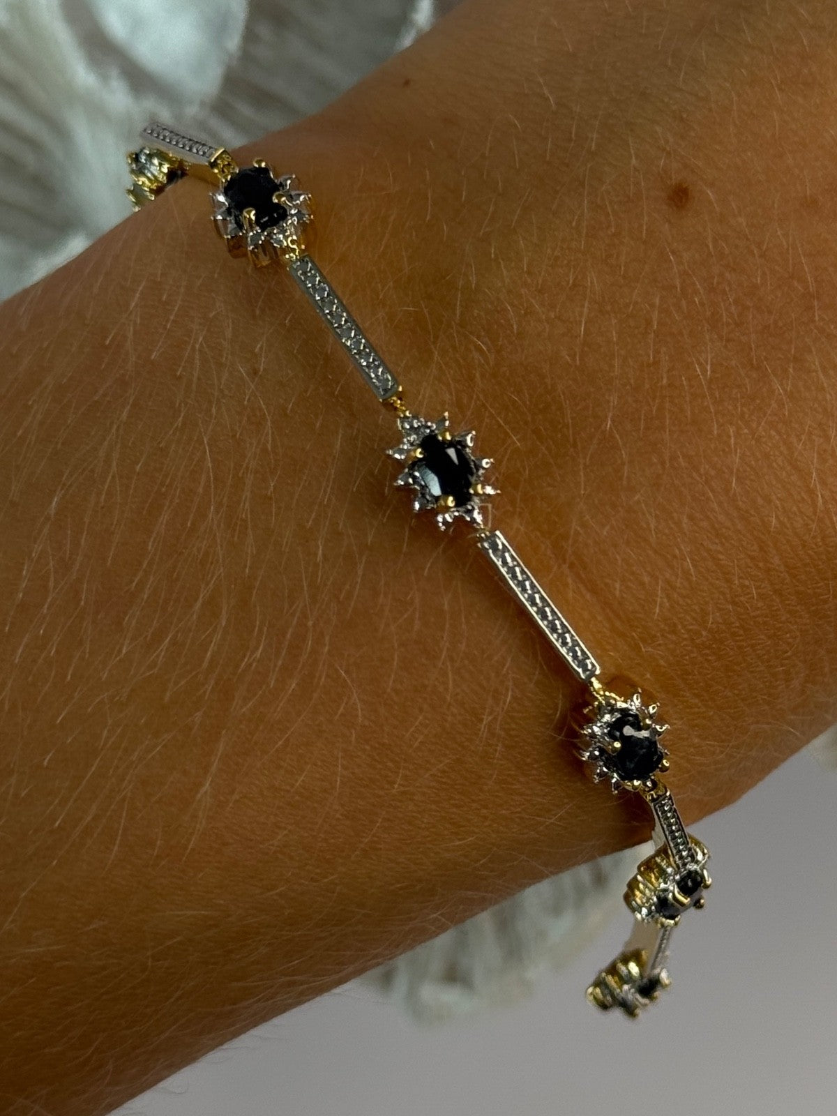 925 Sterling Silver Gold Plated Sapphire Bracelet Length 7