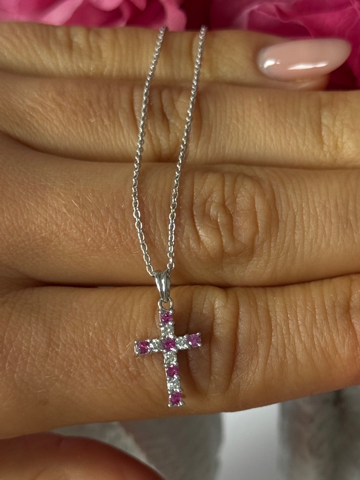 14K White Gold Cross/18K White Gold Chain Pink Sapphire & Diamond Cross Necklace