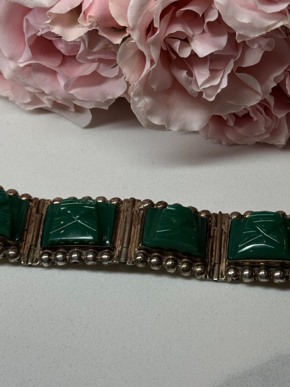Vintage 925 Sterling Silver Green Jade Bracelet Length 7 in