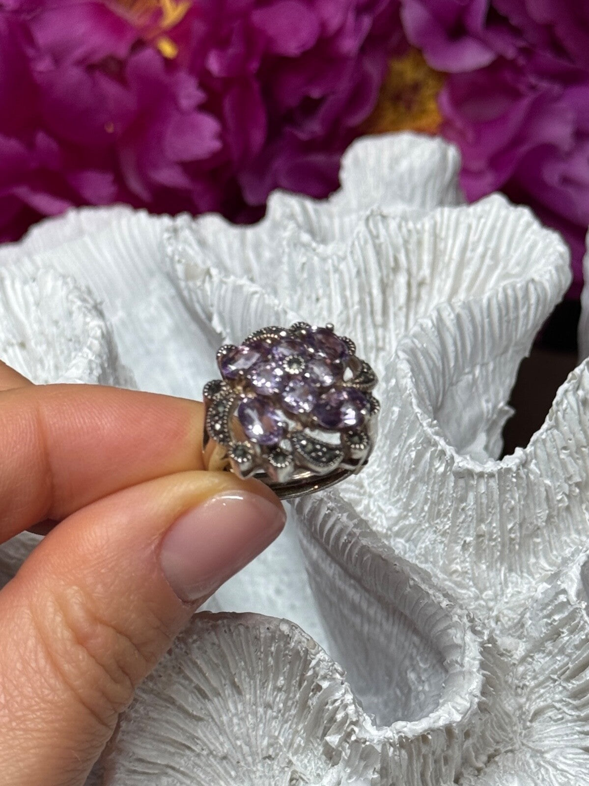 925 Sterling Silver Amethyst & Marcasite Ring Size 5